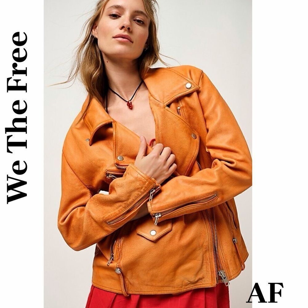 We The Free Jealously Moto Bright Orange Leather Jacket New